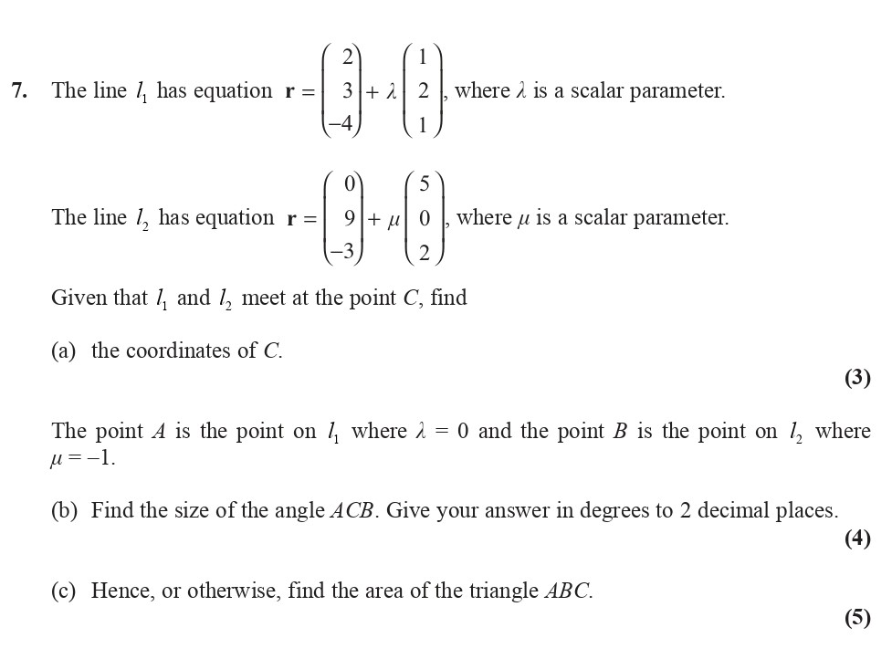 The-line-$l_1$-has-equation--$$-extbf{r}-=-\begin{pmatrix}-2-\\-3-\\--4-\end{pmatrix}-+-\lambda-\begin{pmatrix}-1-\\-2-\\-1-\end{pmatrix}$$-where-$\\lambda$-is-a-scalar-parameter-Edexcel-A-Level Maths Pure-Question 1-2009-Paper 6.png